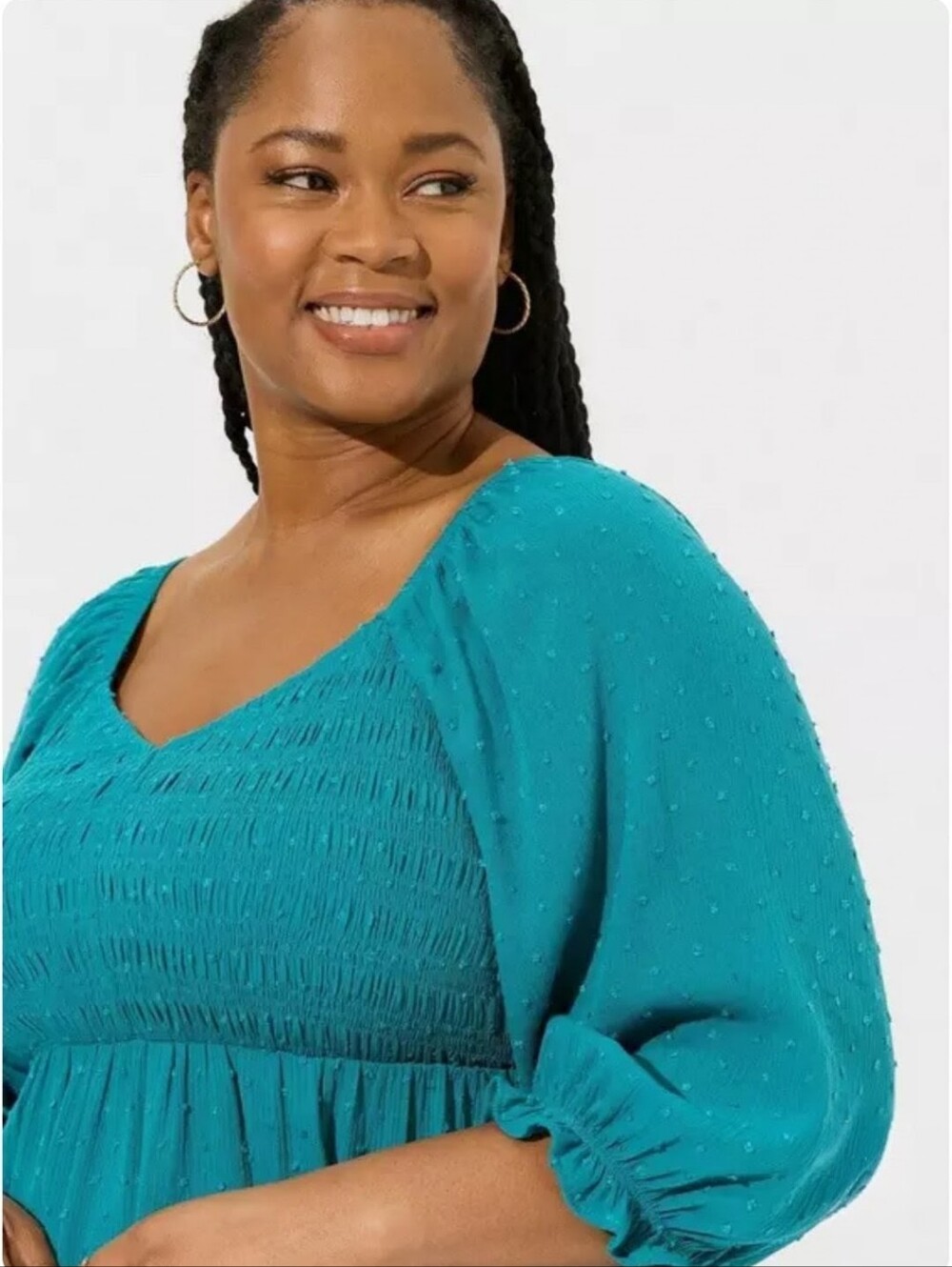 Torrid Plus Crinkle Gauze Smoked 3/4 Blouson Tiered Sweetheart Top Biscay Bay 1X - Picture 3 of 15
